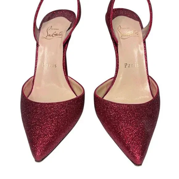 Christian Louboutin Ever 100 Red Glitter Slingback Heels EU 37.5 Sparkly Pumps - Picture 3 of 13